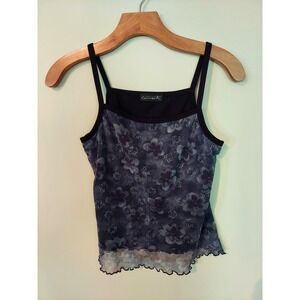 Current VTG Y2K Women Floral Mesh Overlay Cami Tank Black Purple Lettuce Edge